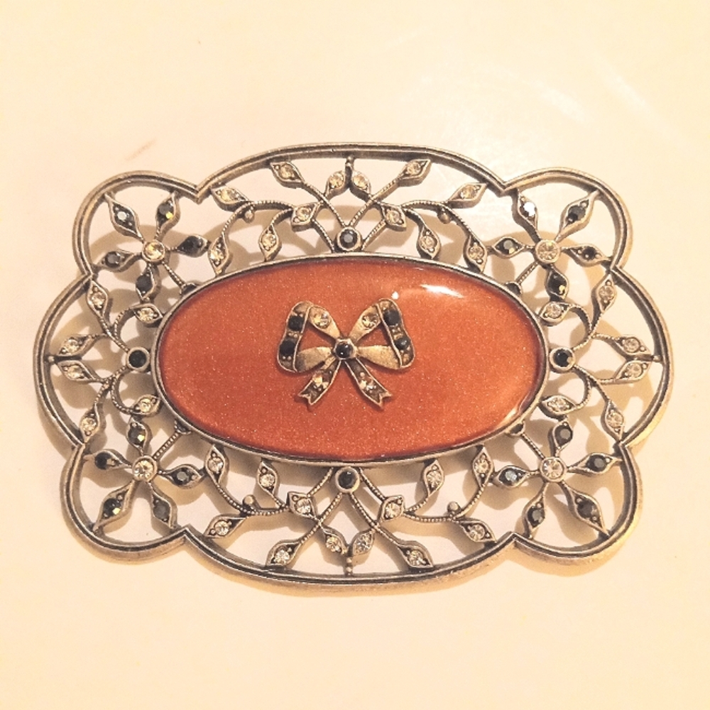 NEW Vintage Catherine Popesco France Large Orange Brooch Enamel Rhine Stones